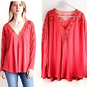 Free People Lola Lace Long Sleeve V-neck Color Rose Crimson Feminine Top L ‘NWOT